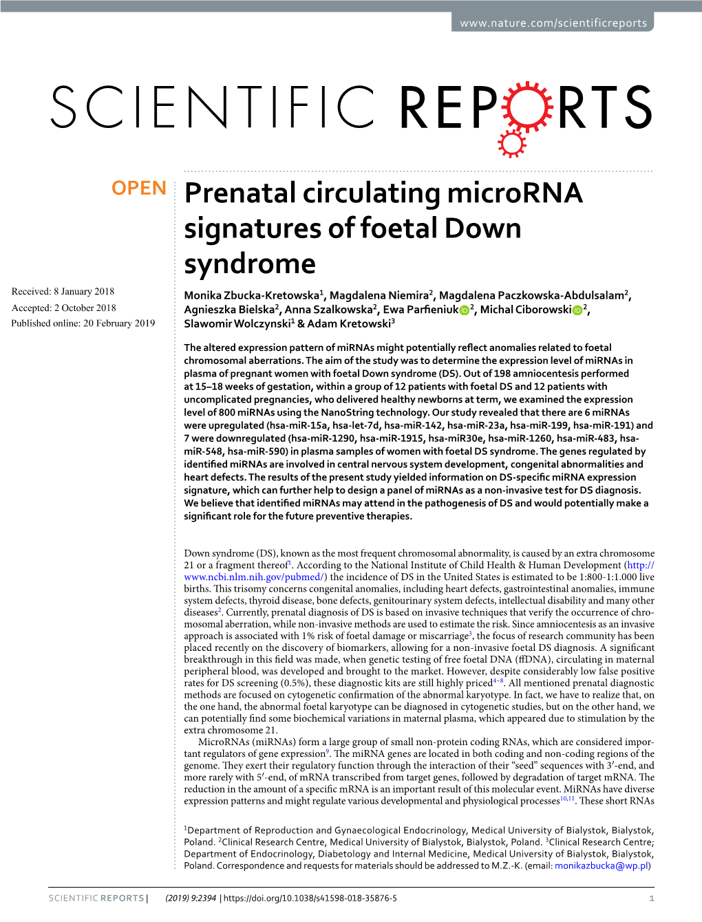 Prenatal Circulating Microrna Signatures of Foetal Down Syndrome