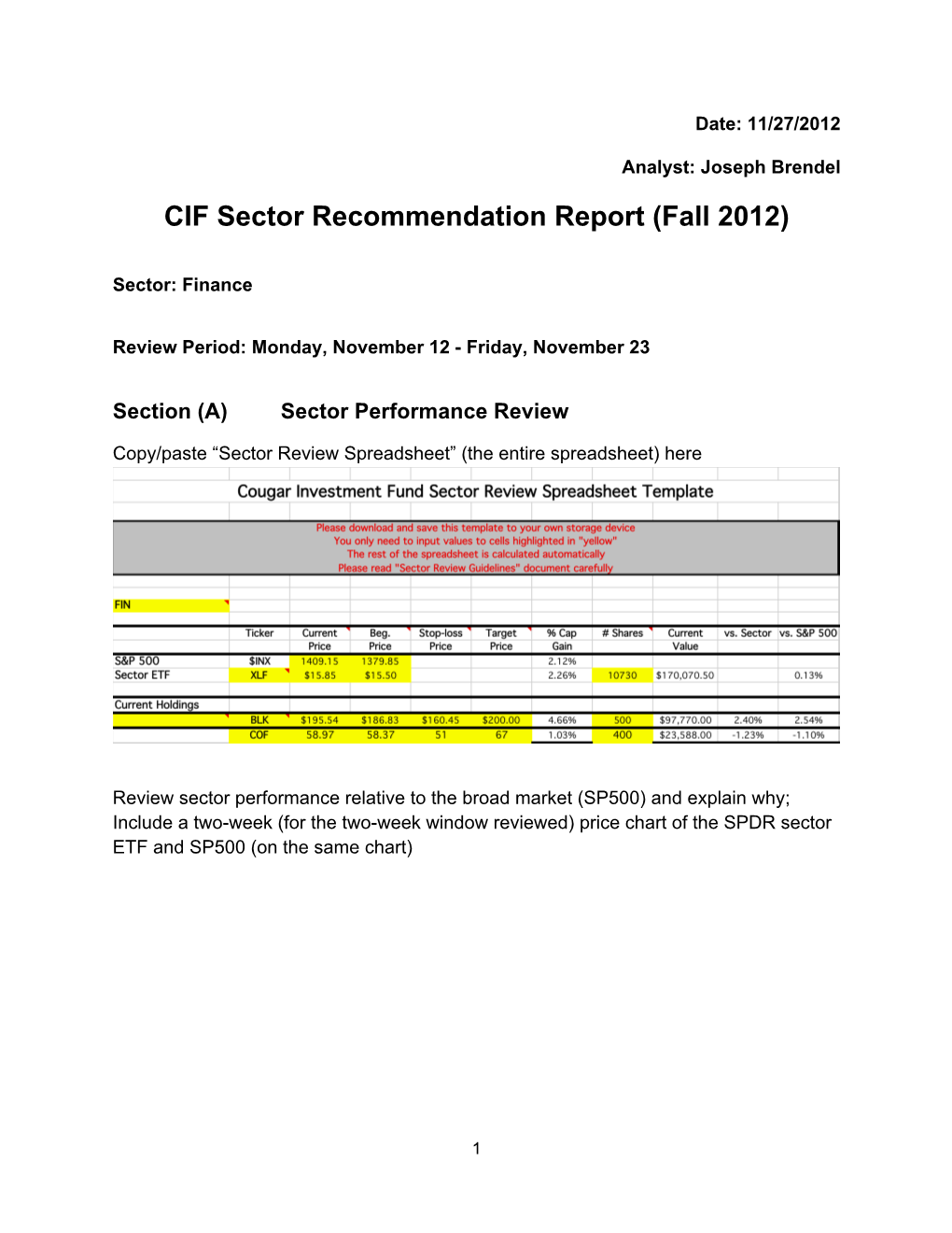 CIF Sector Recommendation Report (Fall 2012)