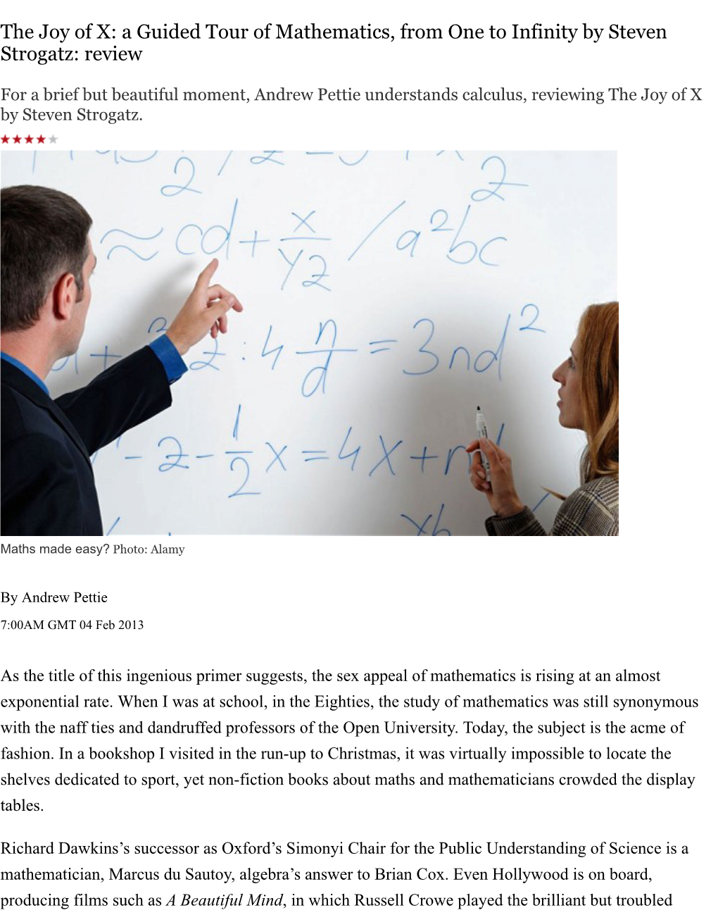 The Joy of X: a Guided Tour of Mathematics, from One to Infinity by Steven Strogatz: Review
