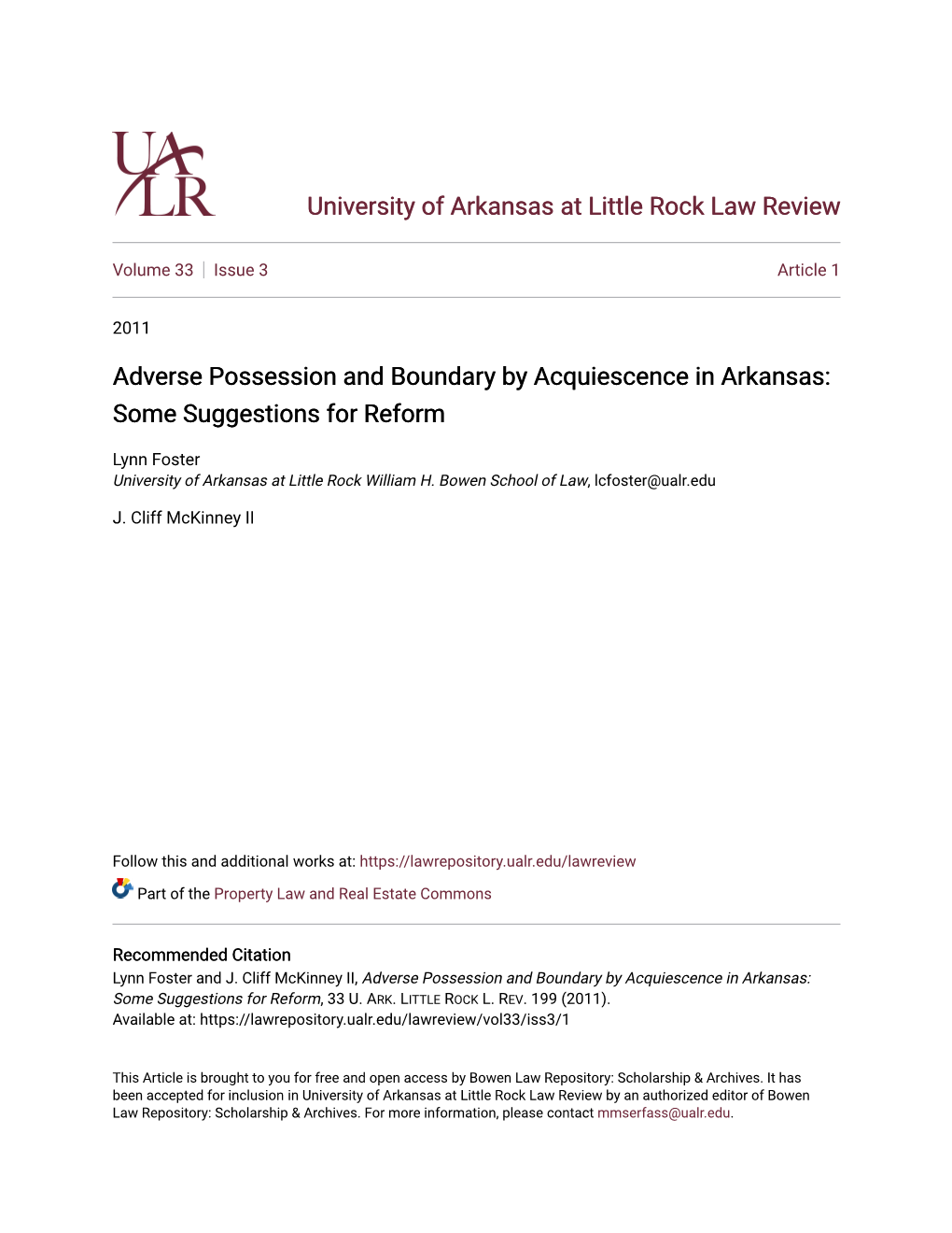 Adverse Possession and Boundary by Acquiescence in Arkansas: Some Suggestions for Reform