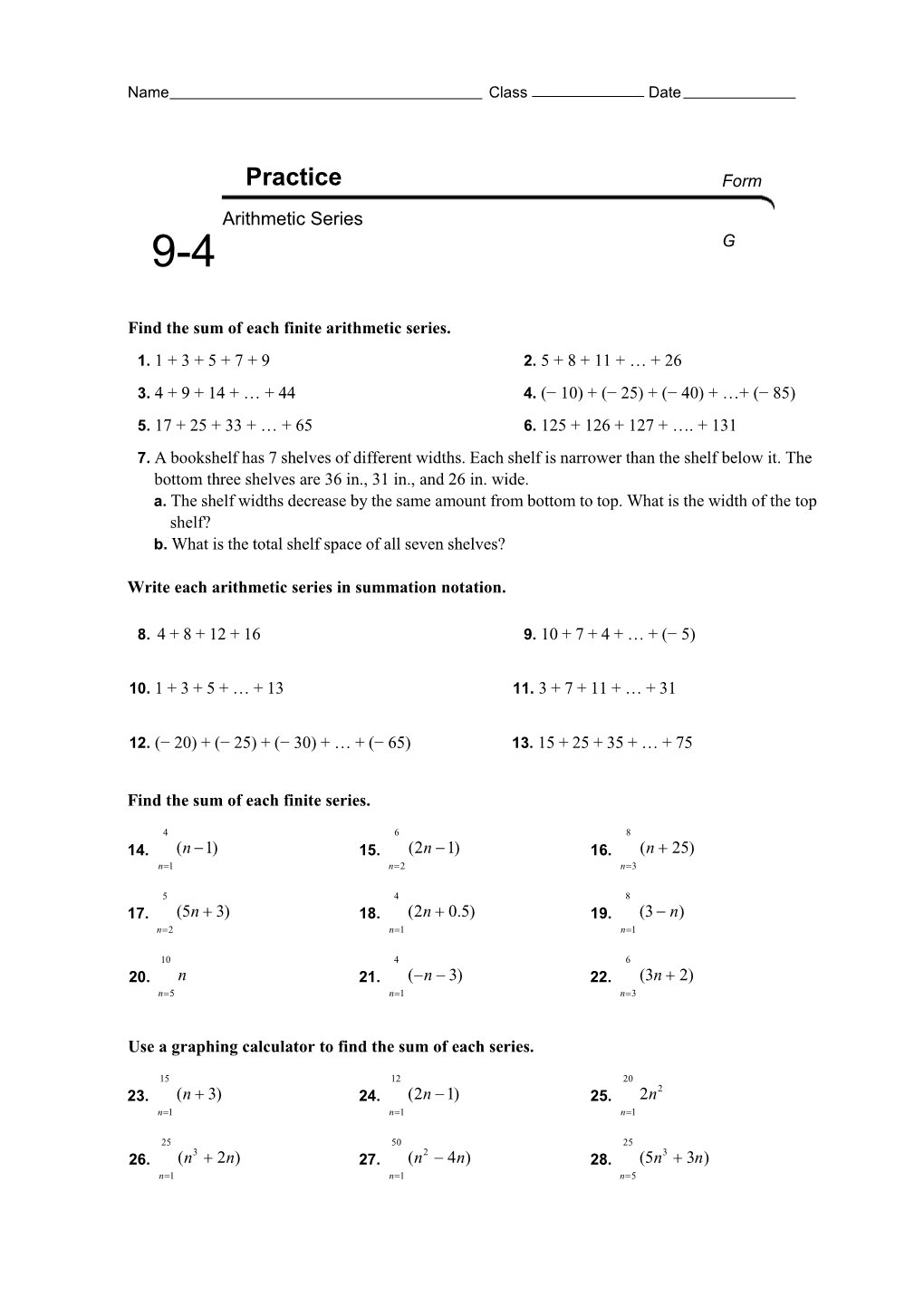 Find the Sum of Each Finite Arithmetic Series