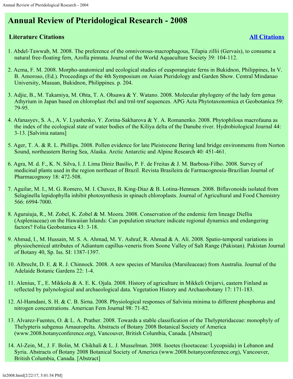 Annual Review of Pteridological Research - 2004