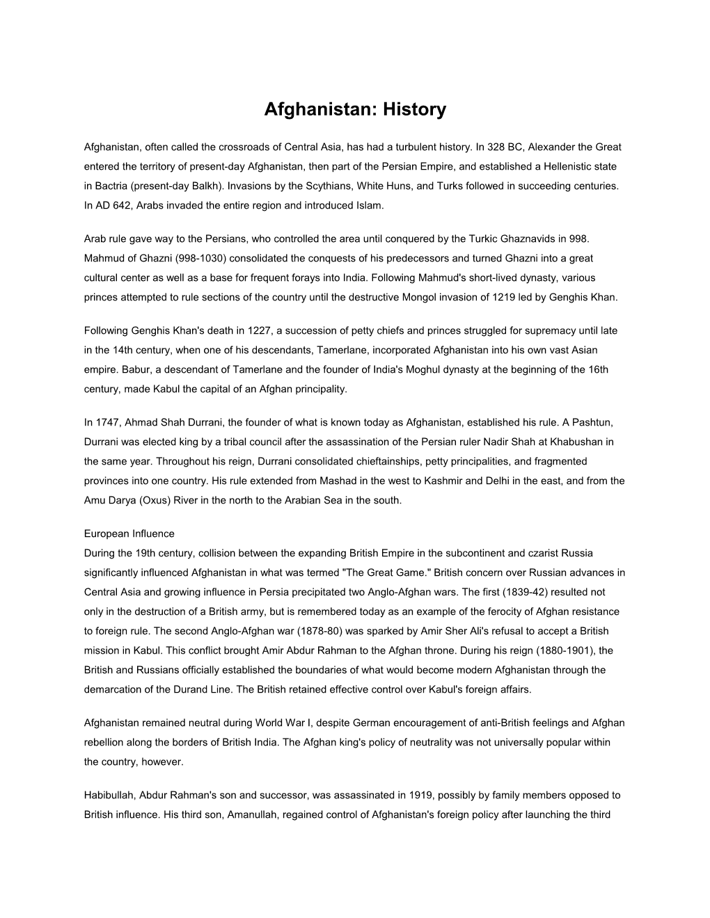 Afghanistan: History