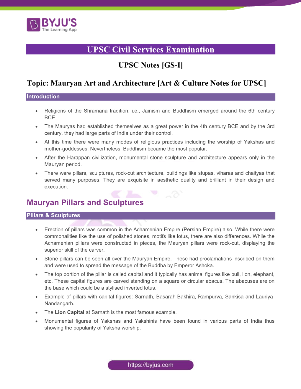 UPSC Notes [GS-I] Topic: Mauryan Art and Architecture