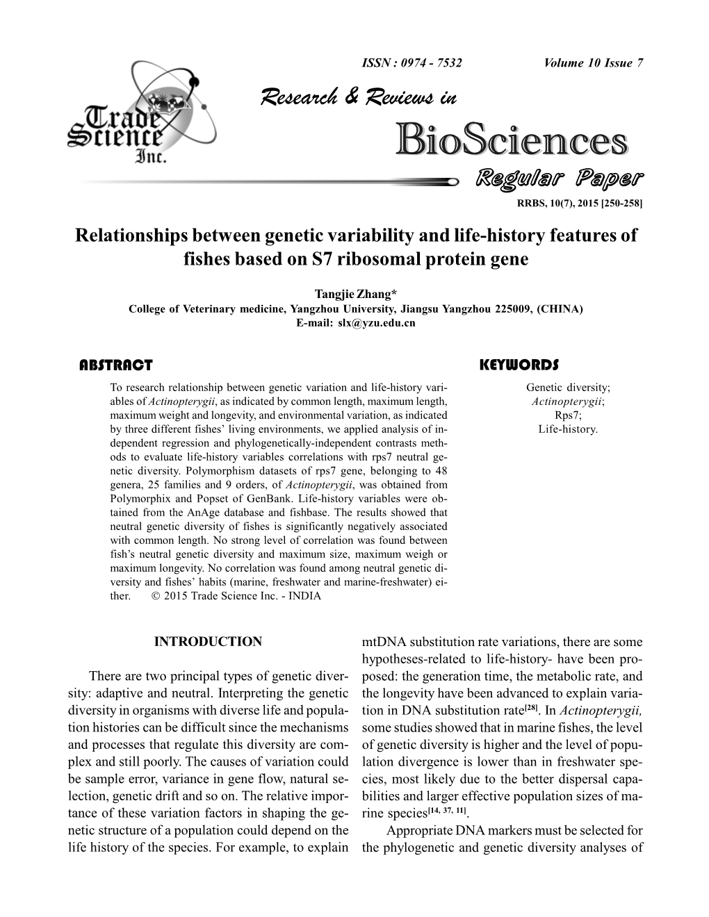 Relationships Between Genetic Variability and Life-History Features of Fishes Based on S7 Ribosomal Protein Gene