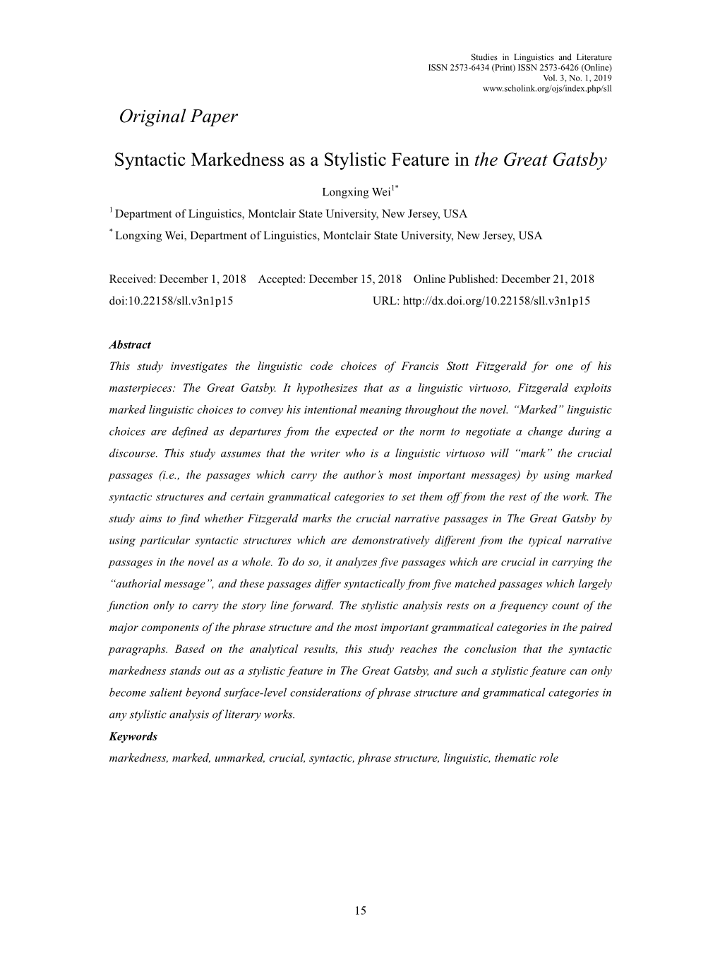 Original Paper Syntactic Markedness As a Stylistic Feature in the Great Gatsby