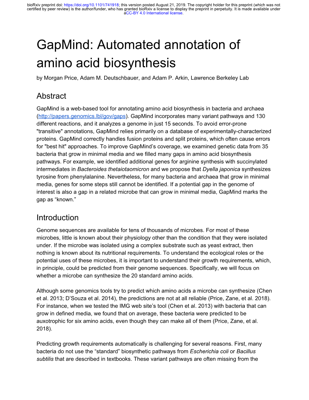Automated Annotation of Amino Acid Biosynthesis by Morgan Price, Adam M