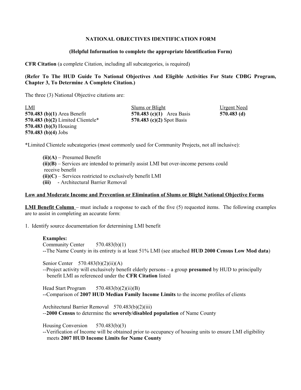 National Objectives Identification Form