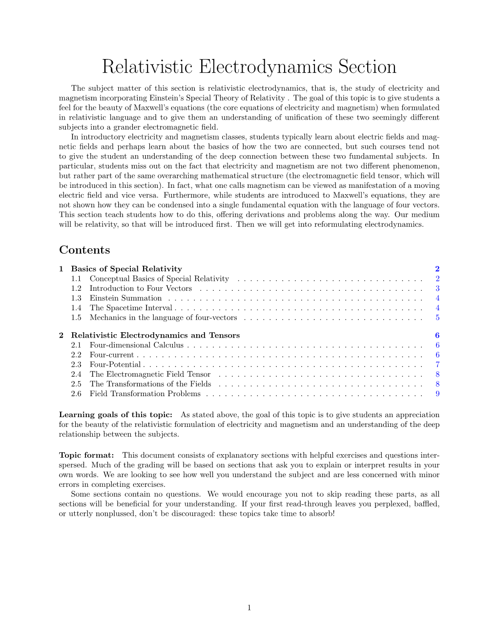 Relativistic Electrodynamics Section