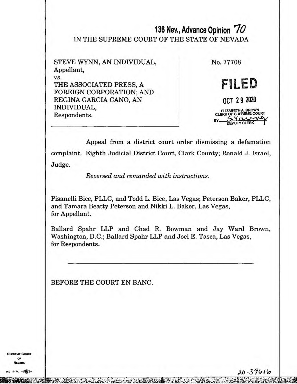 WYNN VS. the ASSOCIATED PRESS 136 Nev. Adv. Op. No. 70