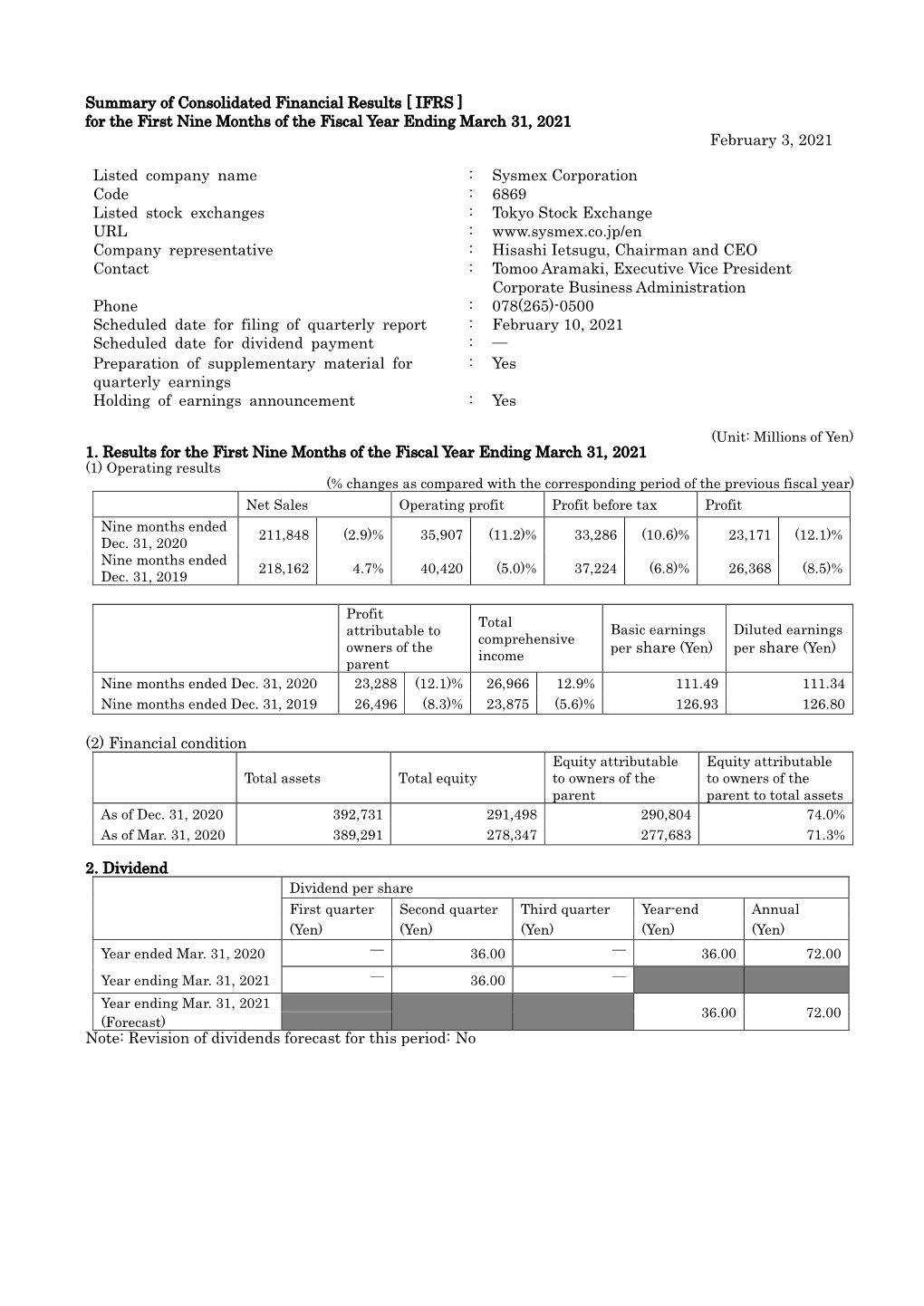 Summary of Consolidated Financial Results [IFRS] for the First Nine