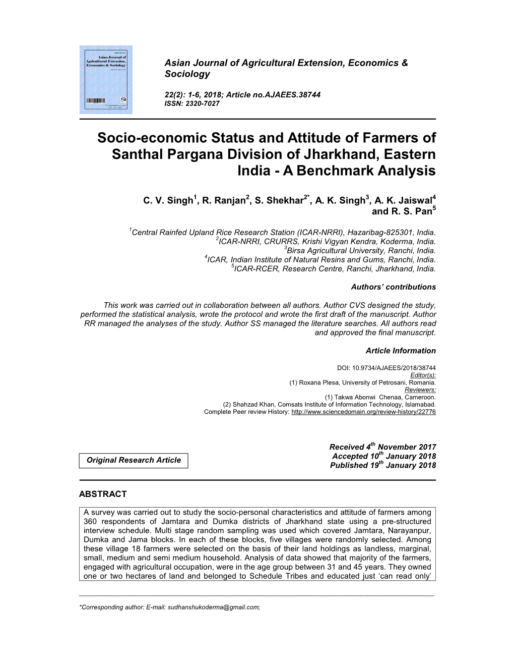 Socio-Economic Status and Attitude of Farmers of Santhal Pargana Division of Jharkhand, Eastern India - a Benchmark Analysis
