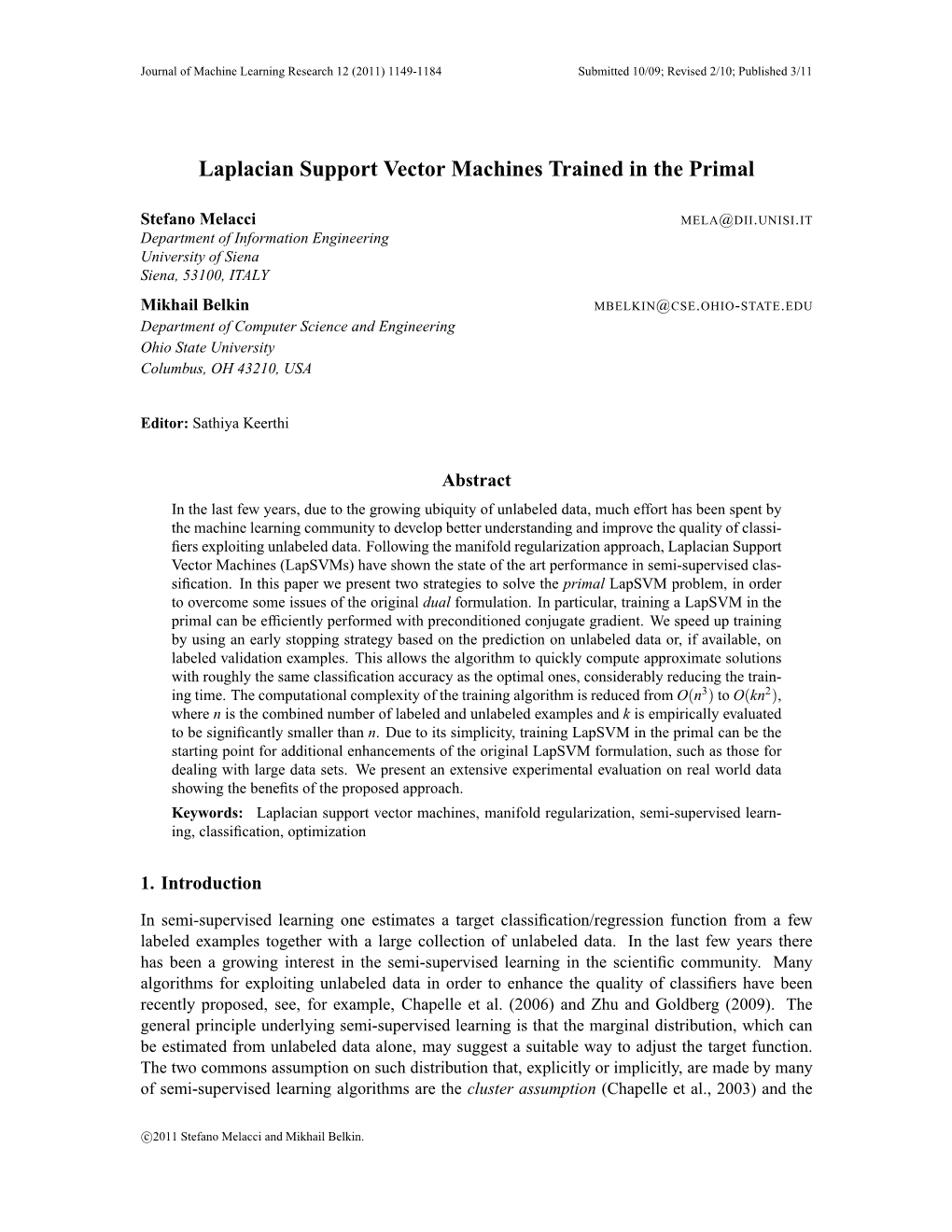 Laplacian Support Vector Machines Trained in the Primal