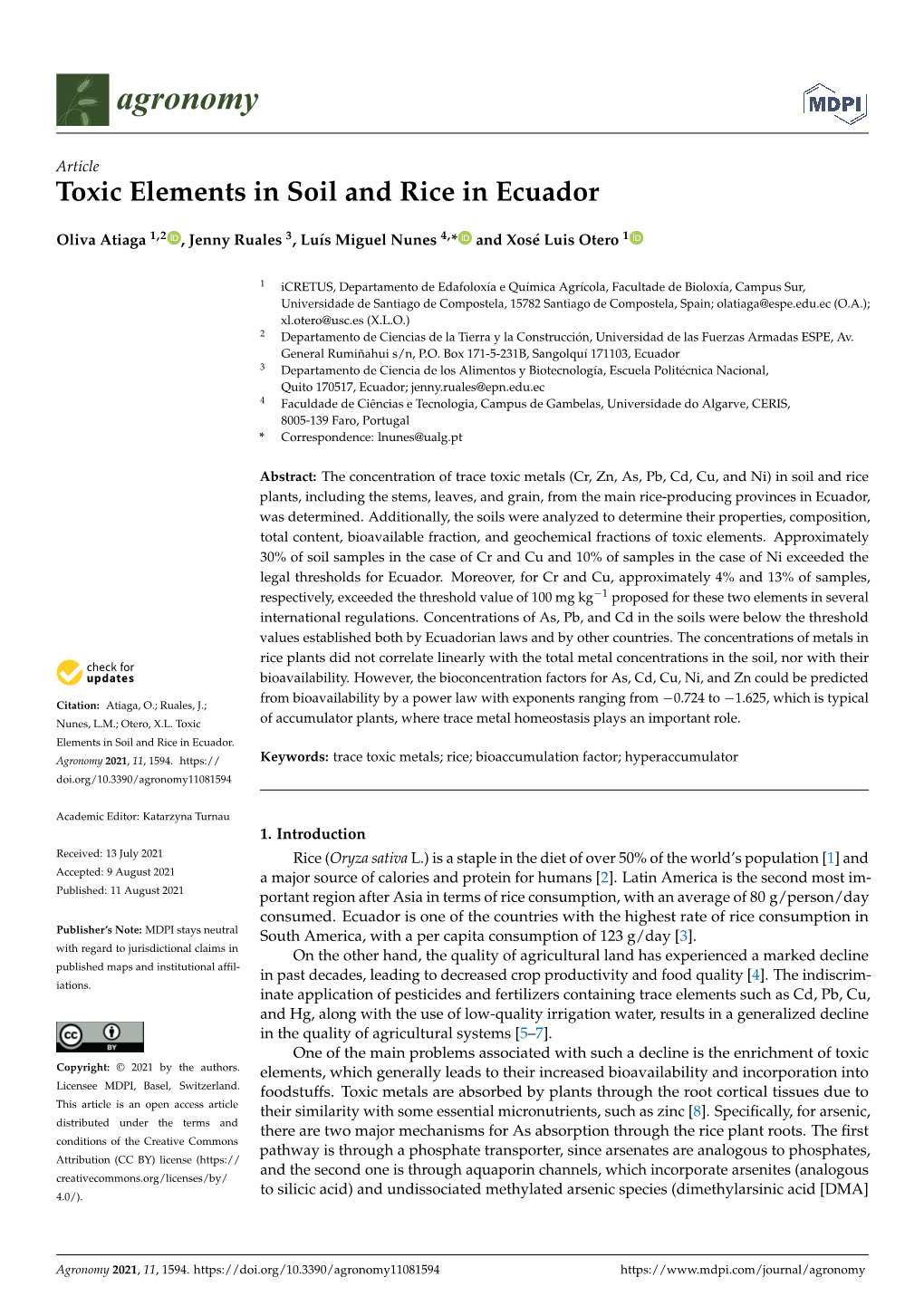 Toxic Elements in Soil and Rice in Ecuador