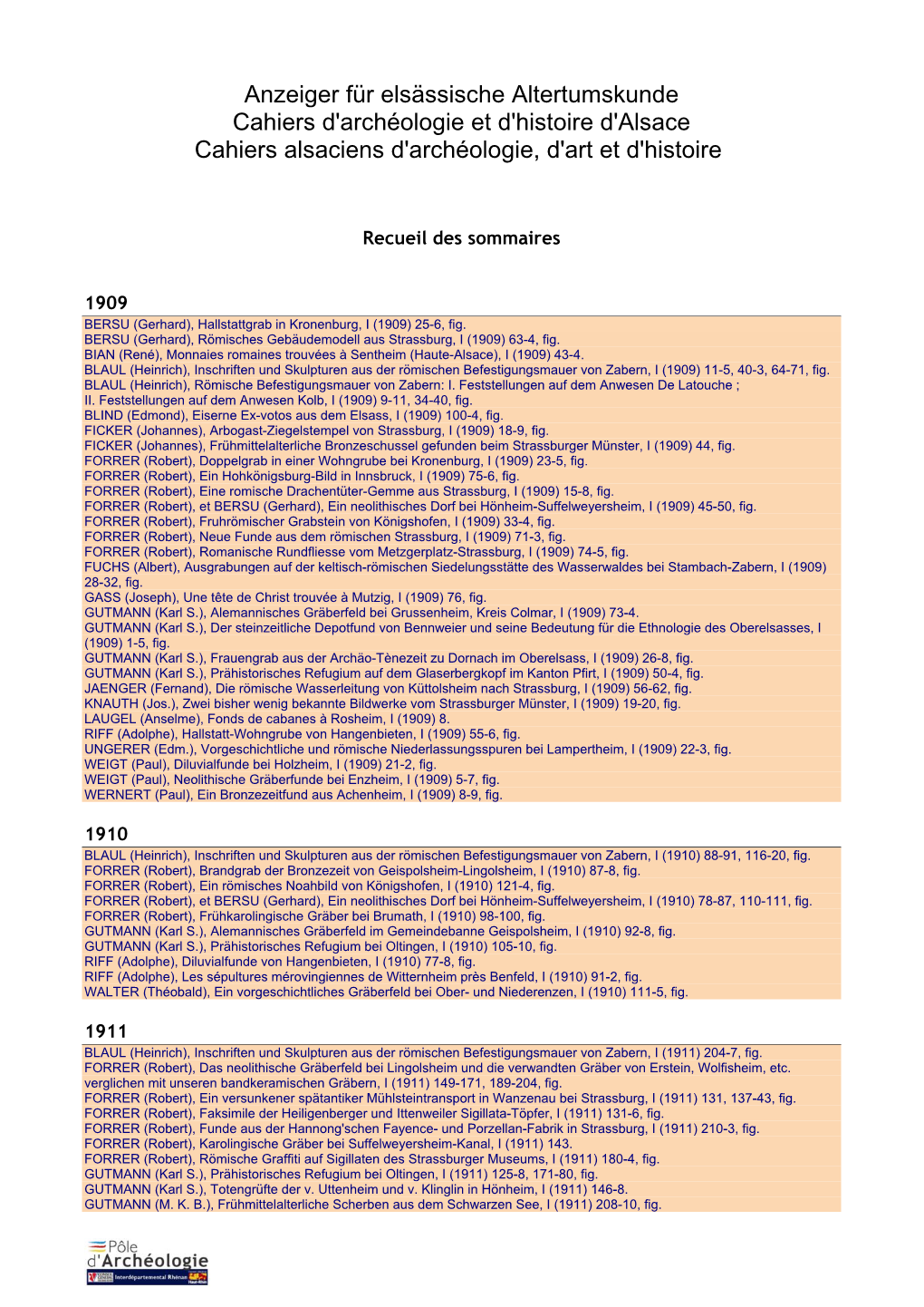 Anzeiger Für Elsässische Altertumskunde Cahiers D'archéologie Et D'histoire D'alsace Cahiers Alsaciens D'archéologie, D'art Et D'histoire