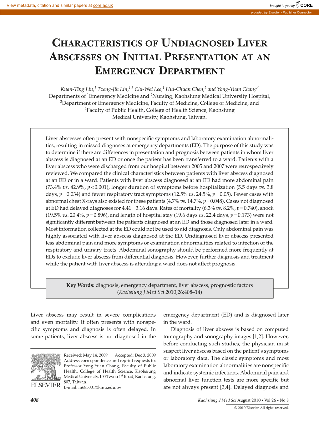 Characteristics of Undiagnosed Liver Abscesses on Initial Presentation at an Emergency Department