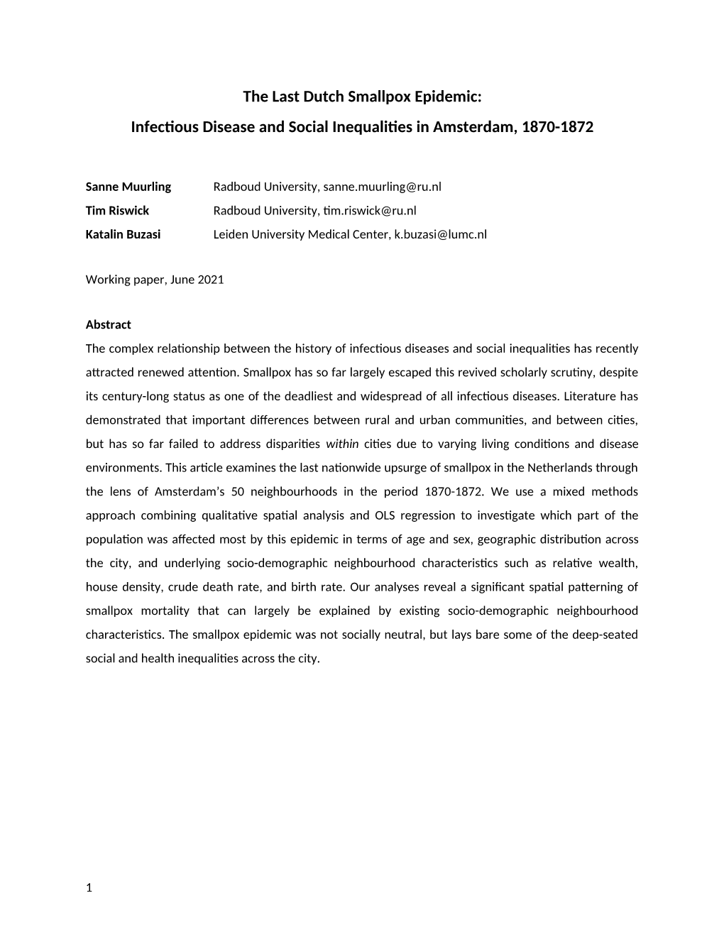 The Last Dutch Smallpox Epidemic: Infectious Disease and Social Inequalities in Amsterdam, 1870-1872