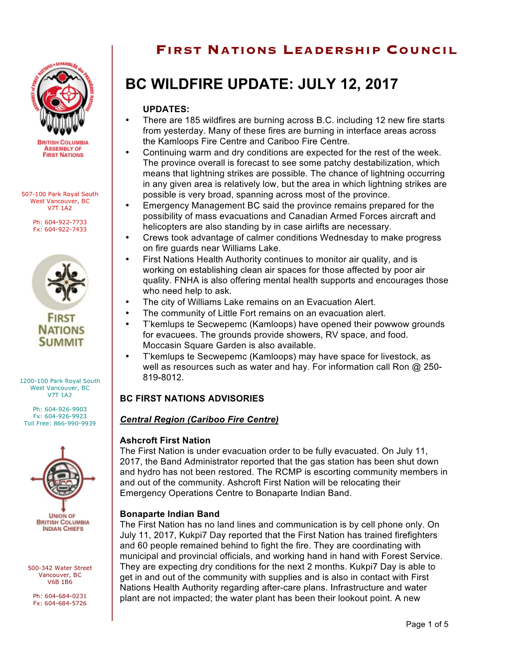 Bc Wildfire Update: July 12, 2017