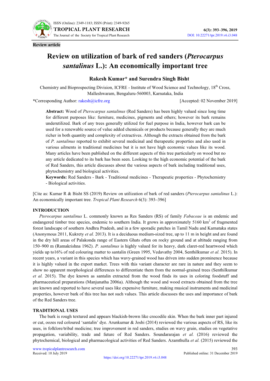 Review on Utilization of Bark of Red Sanders (Pterocarpus Santalinus L.): an Economically Important Tree