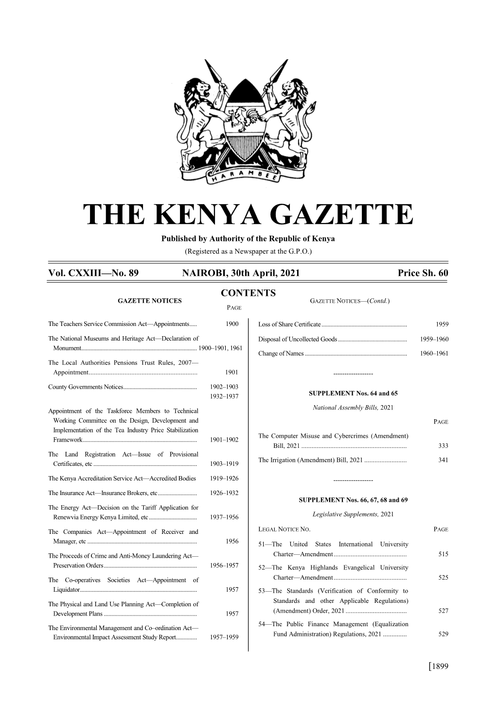 THE KENYA GAZETTE Published by Authority of the Republic of Kenya (Registered As a Newspaper at the G.P.O.)