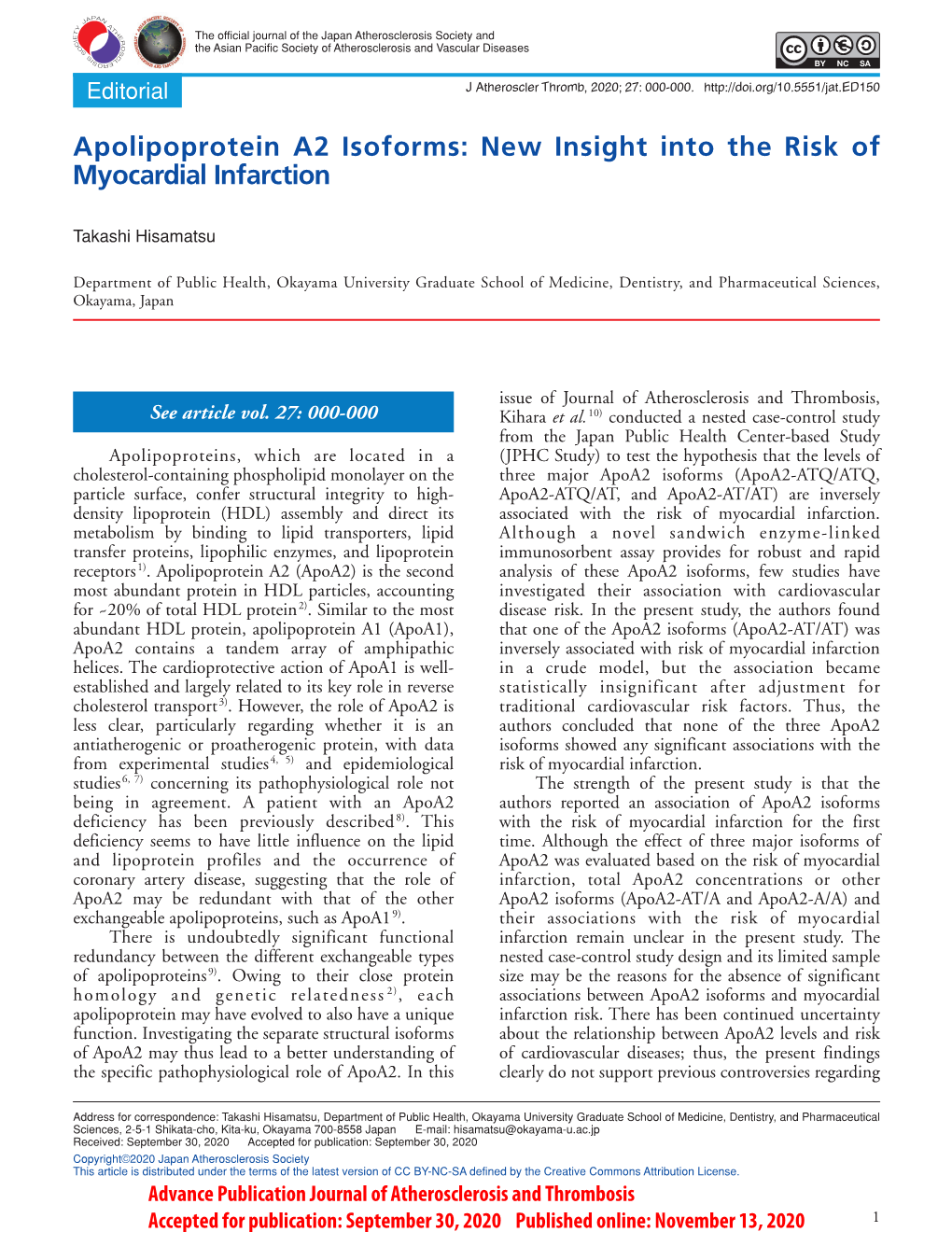 Apolipoprotein A2 Isoforms: New Insight Into the Risk of Myocardial Infarction