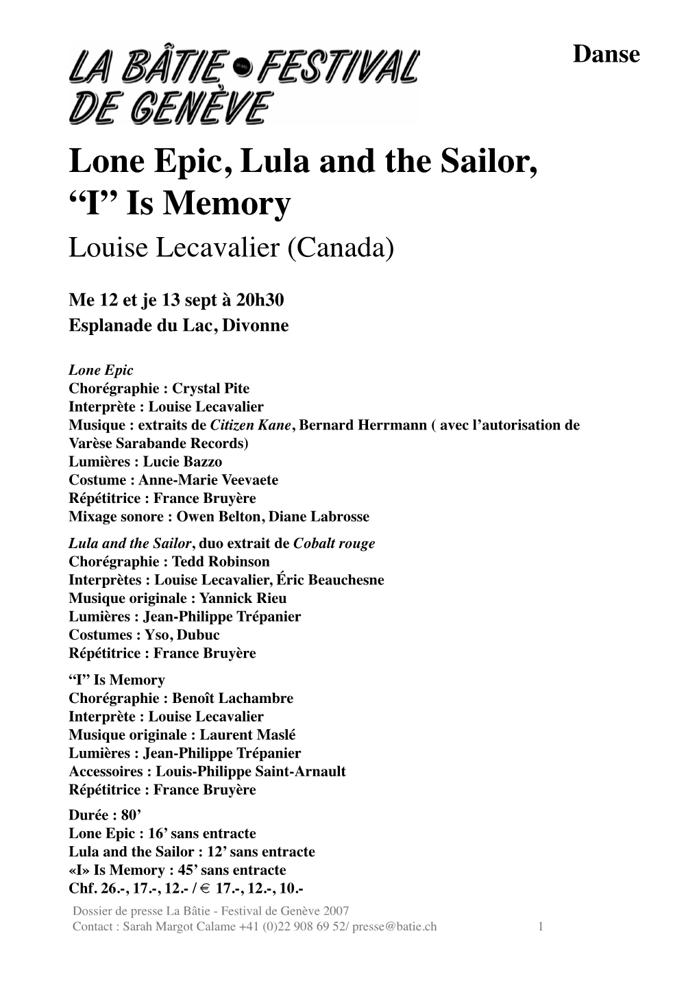 Lone Epic, Lula and the Sailor, “I” Is Memory Louise Lecavalier (Canada)