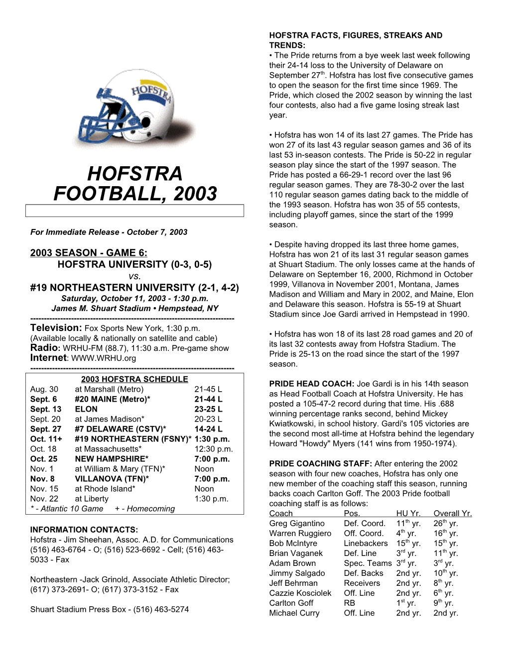 Hofstra Football, 2003