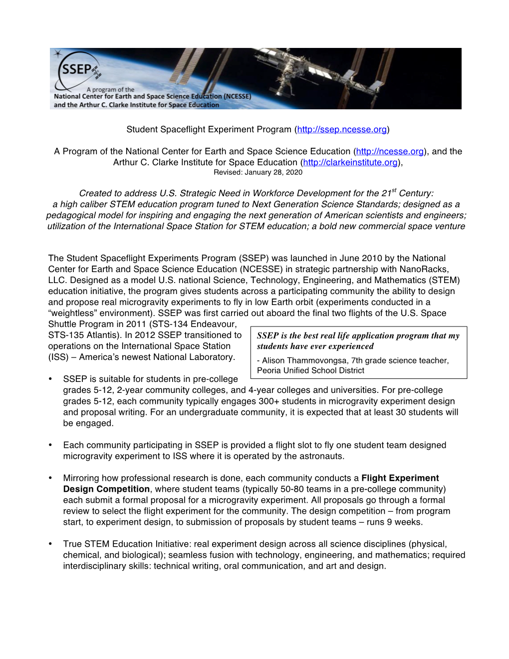 2-Page SSEP Overview with Strategic Objectives, Used for Congressional