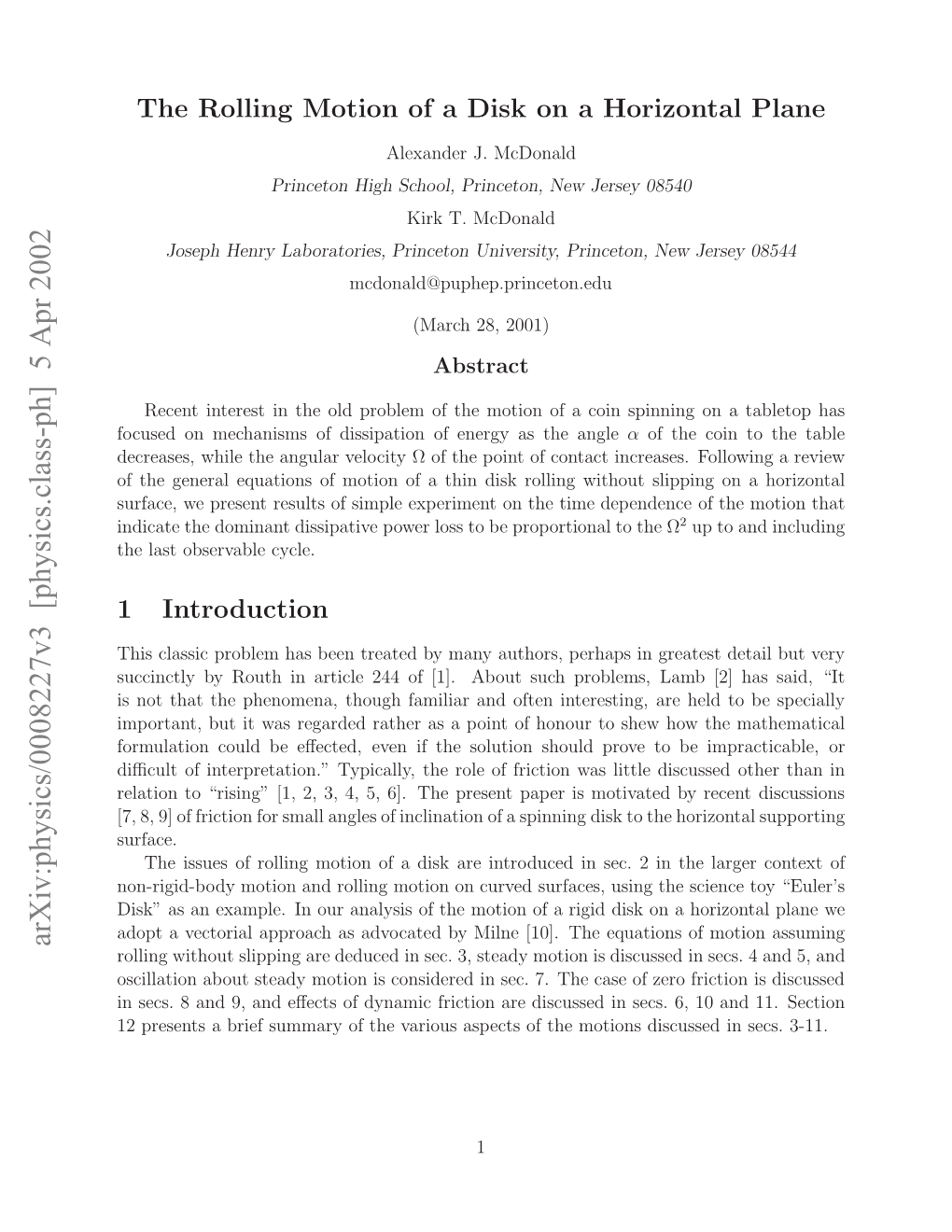 The Rolling Motion of a Disk on a Horizontal Plane