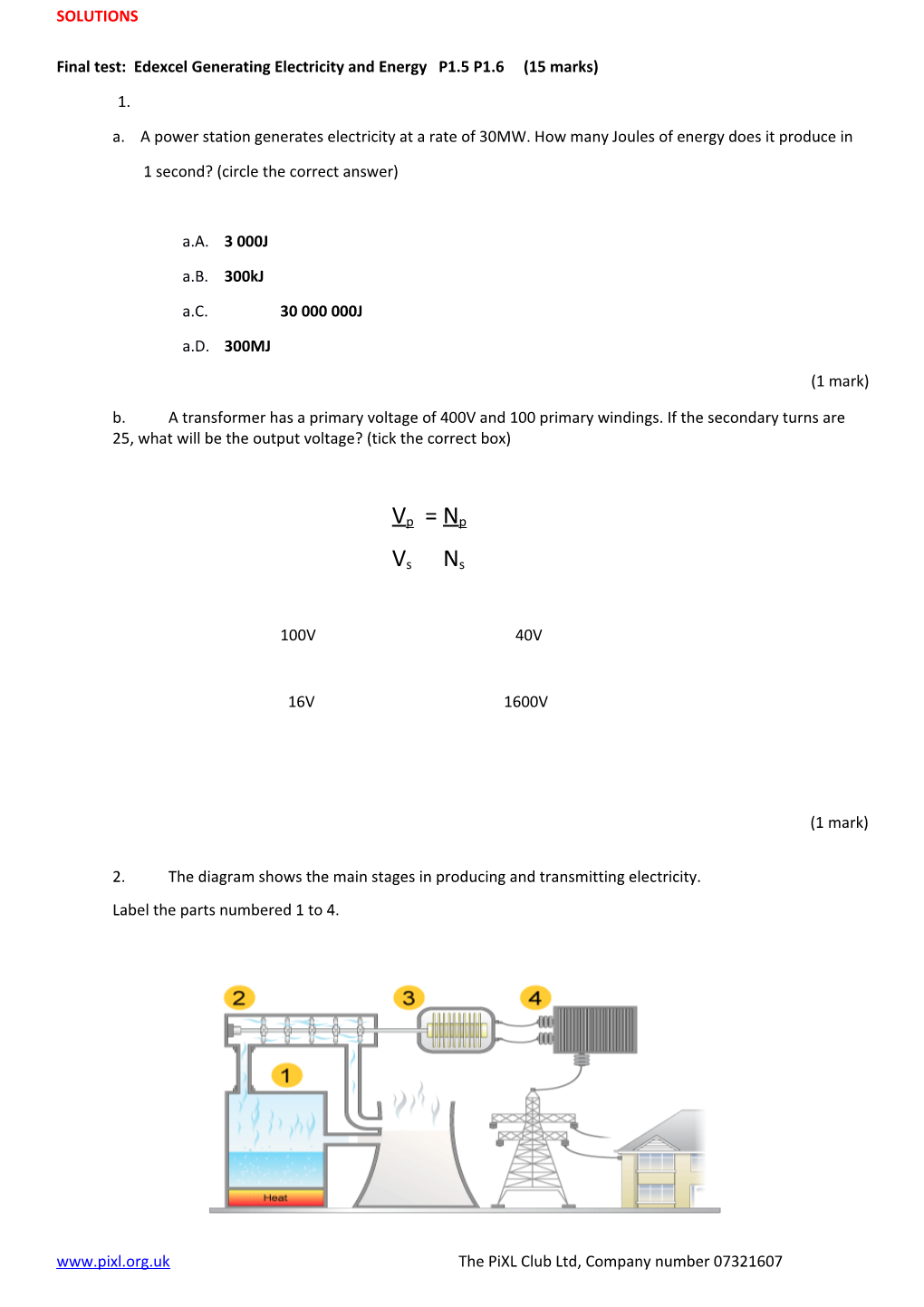 Final Test: Edexcel Generating Electricity and Energy P1.5 P1.6 (15 Marks)