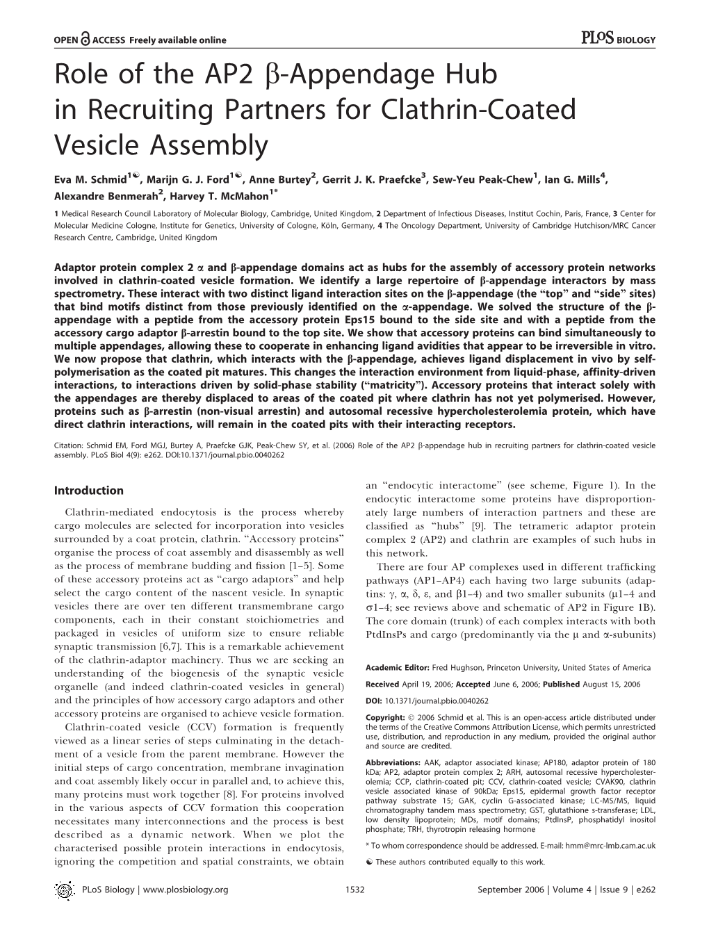 Role of the AP2 B-Appendage Hub in Recruiting Partners for Clathrin-Coated Vesicle Assembly