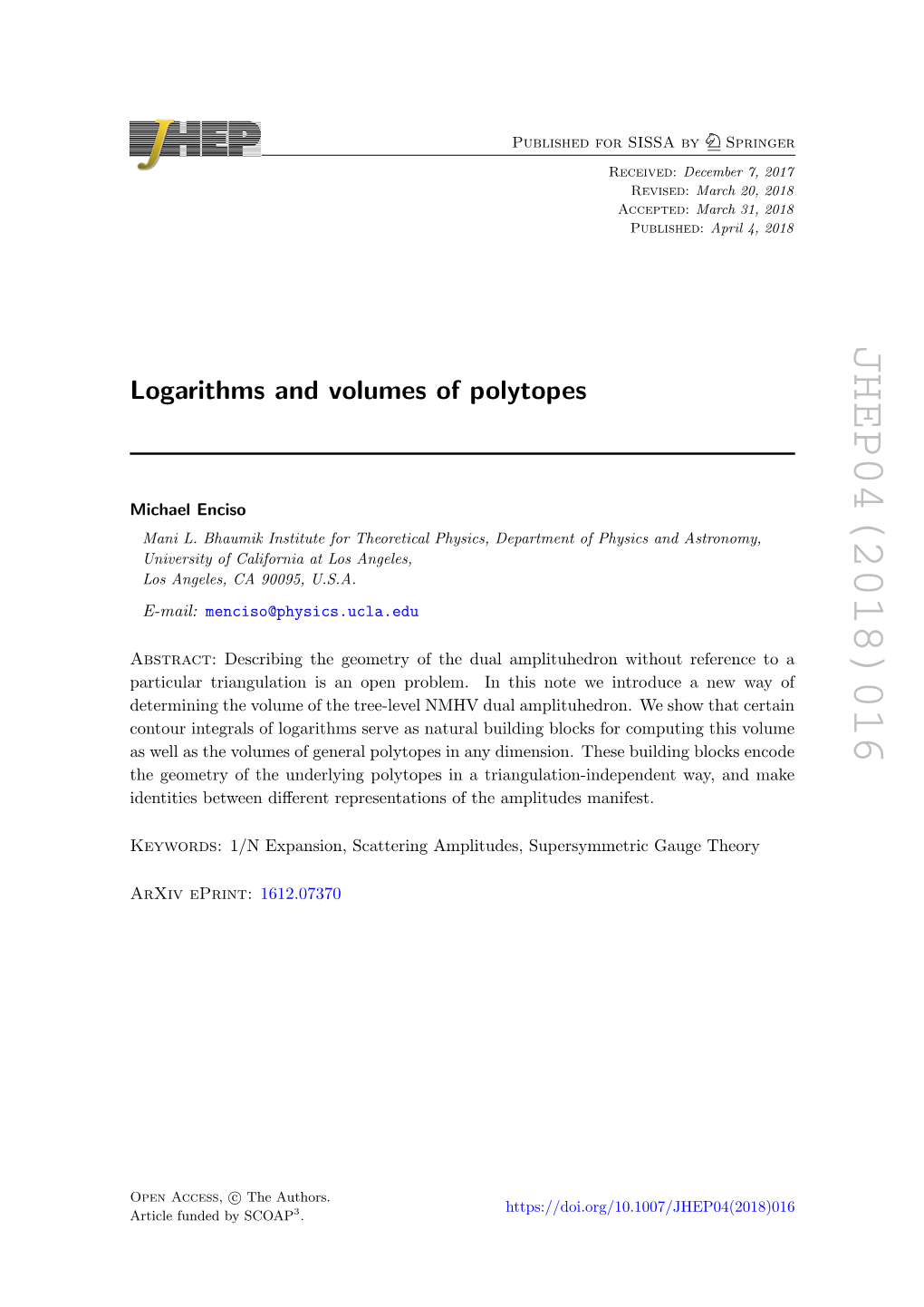 Logarithms and Volumes of Polytopes JHEP04(2018)016 ]