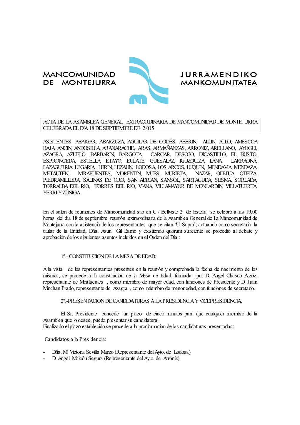 Acta De La Asamblea General Extraordinaria De Mancomunidad De Montejurra Celebrada El Dia 18 De Septiembre De 2.015