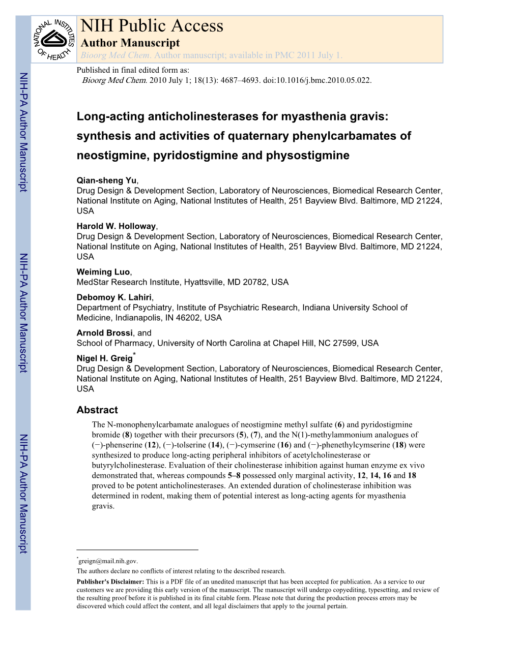 NIH Public Access Author Manuscript Bioorg Med Chem