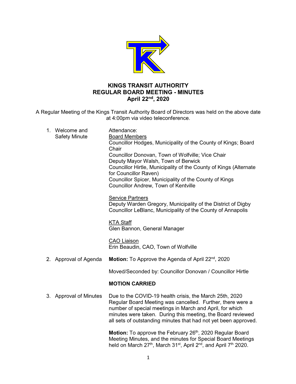 KINGS TRANSIT AUTHORITY REGULAR BOARD MEETING - MINUTES April 22Nd, 2020