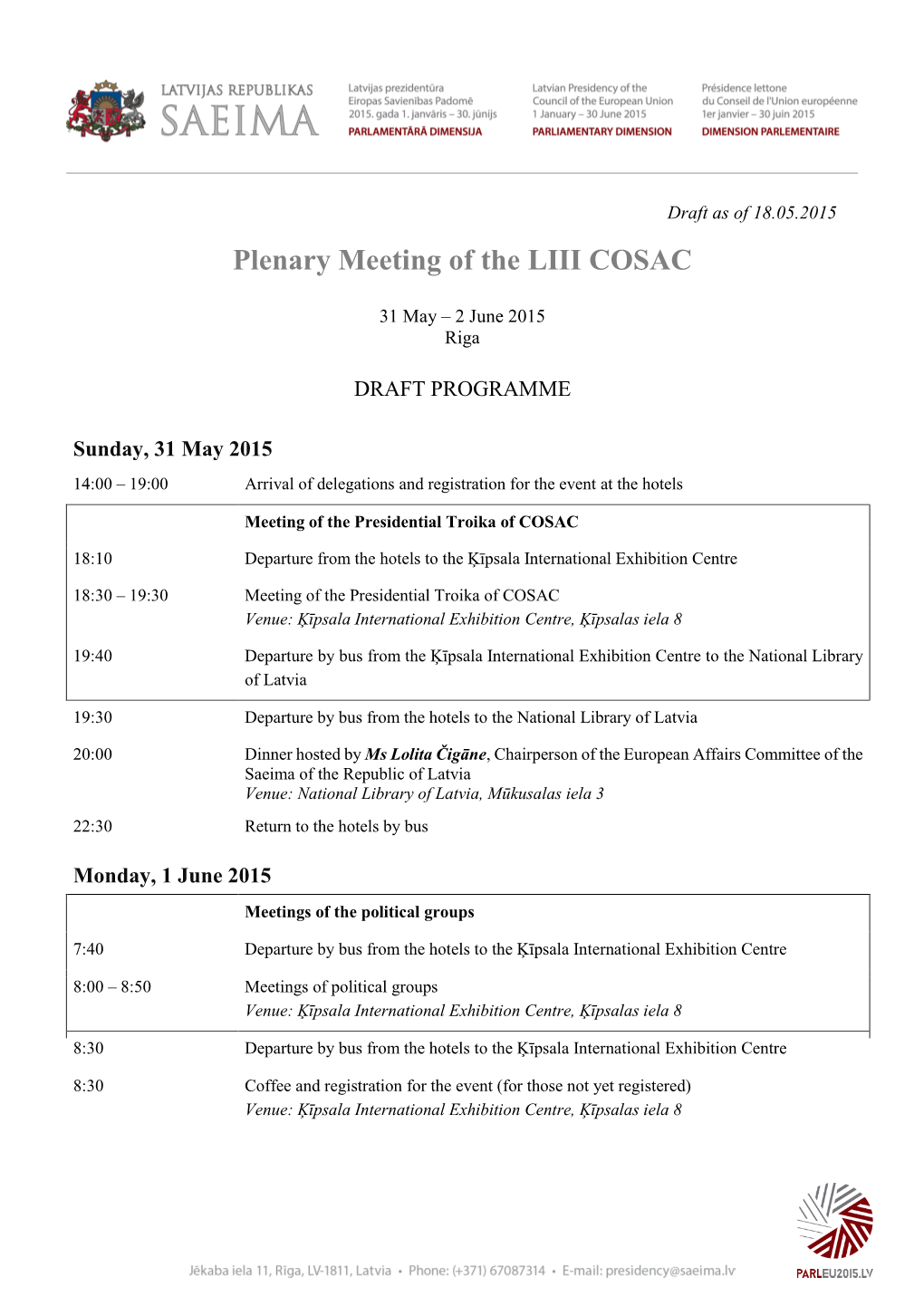 Plenary Meeting of the LIII COSAC