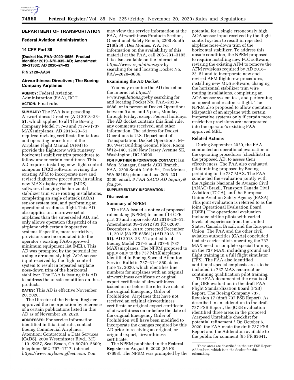 Federal Register/Vol. 85, No. 225/Friday, November 20, 2020