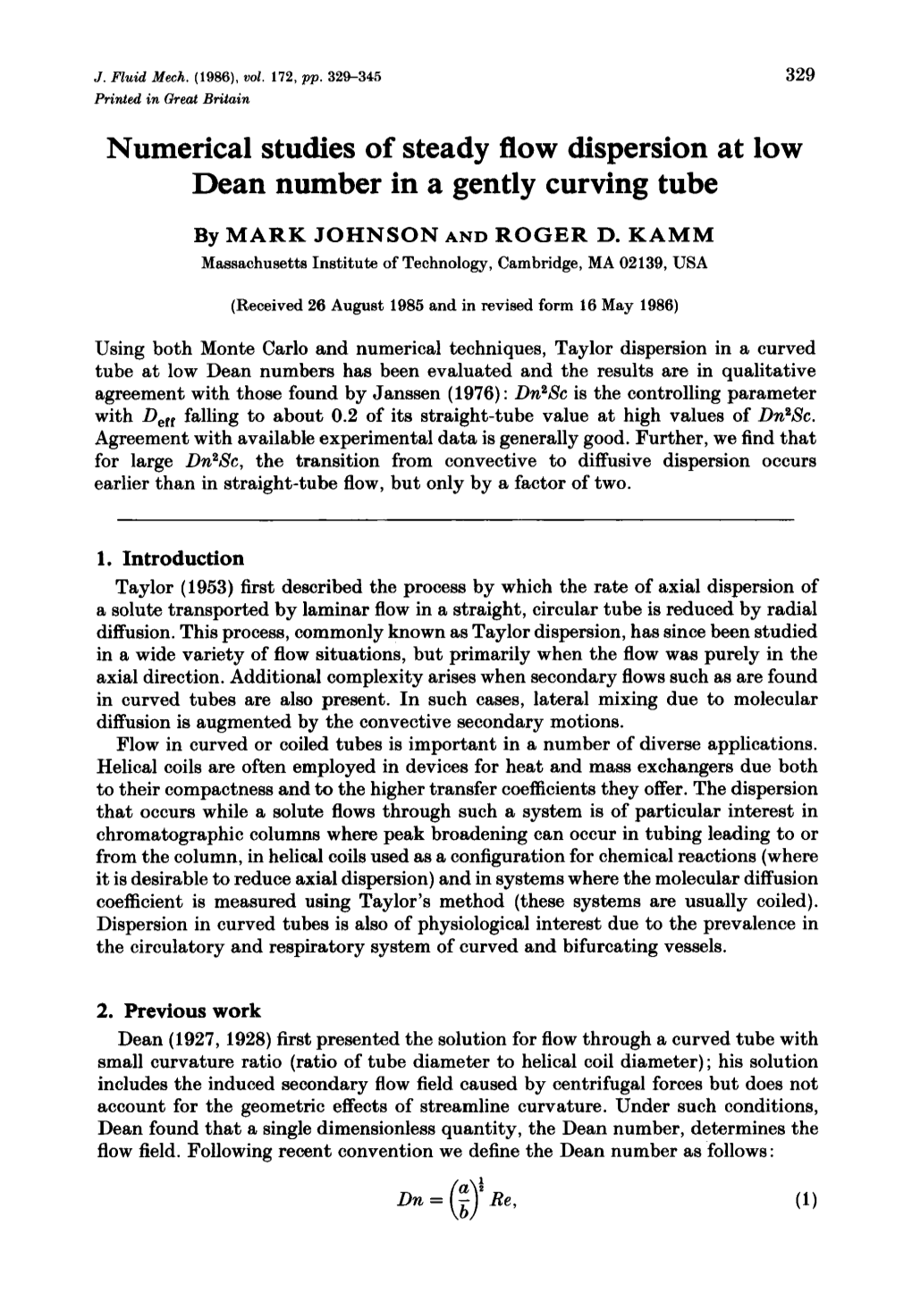 Numerical Studies of Steady Flow Dispersion at Low Dean Number in a Gently Curving Tube