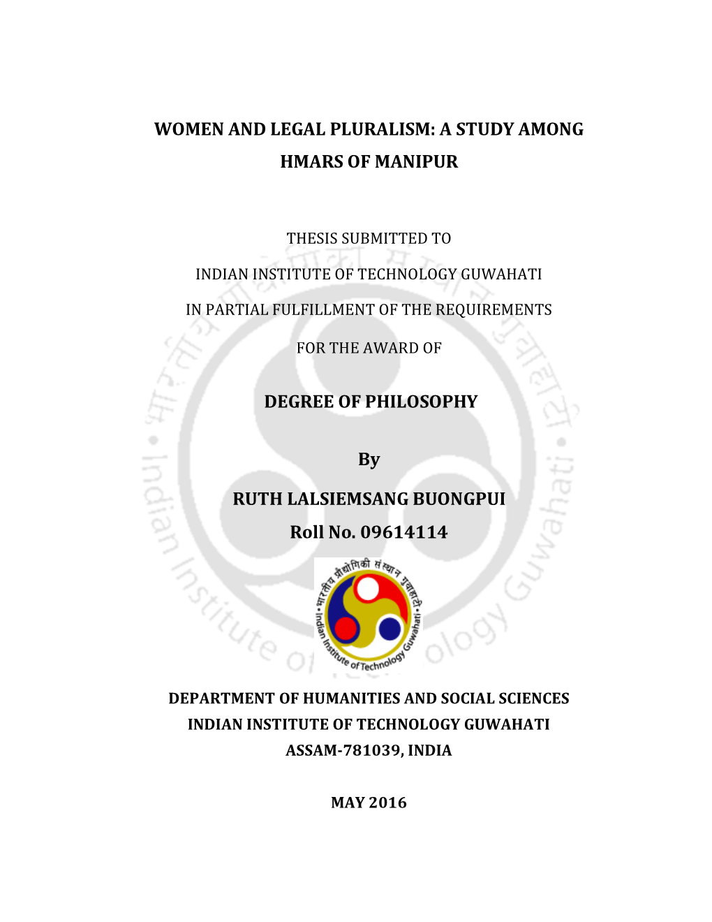Women and Legal Pluralism: a Study Among Hmars of Manipur