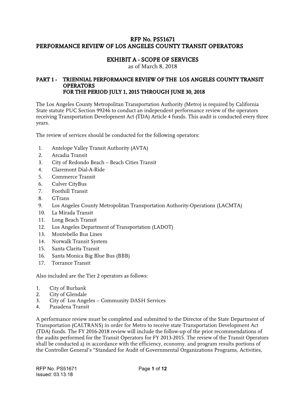 RFP No. PS51671 PERFORMANCE REVIEW of LOS ANGELES COUNTY TRANSIT OPERATORS