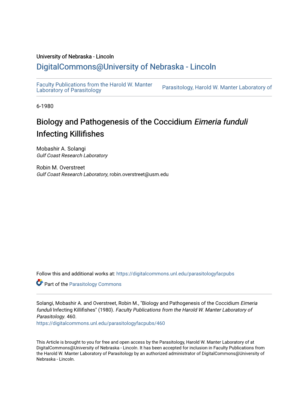 Biology and Pathogenesis of the Coccidium Eimeria Funduli Infecting Killifishes