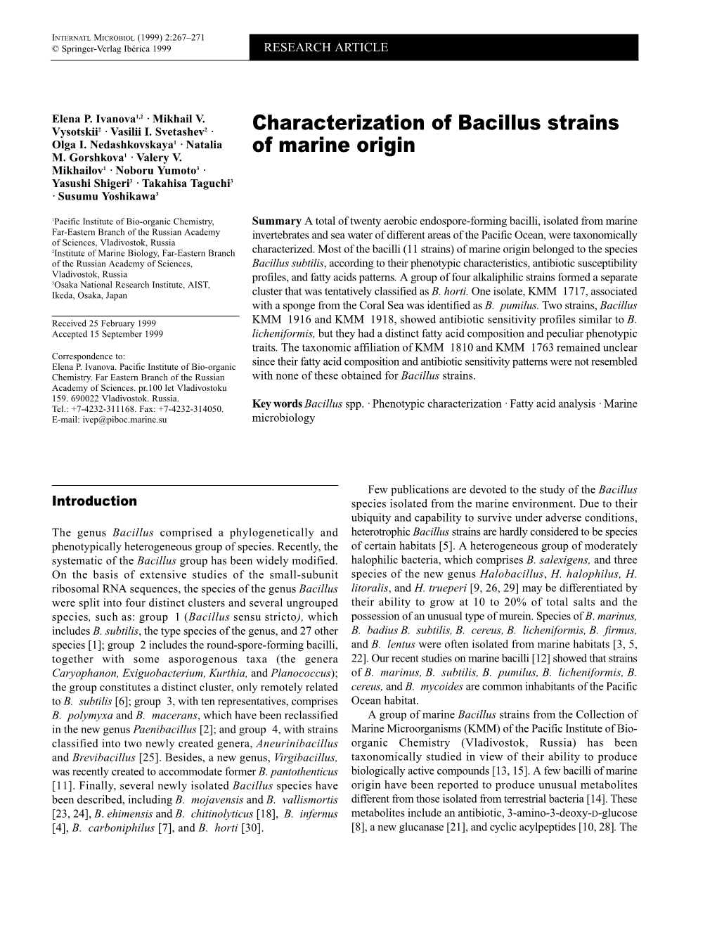 Characterization of Bacillus Strains of Marine Origin