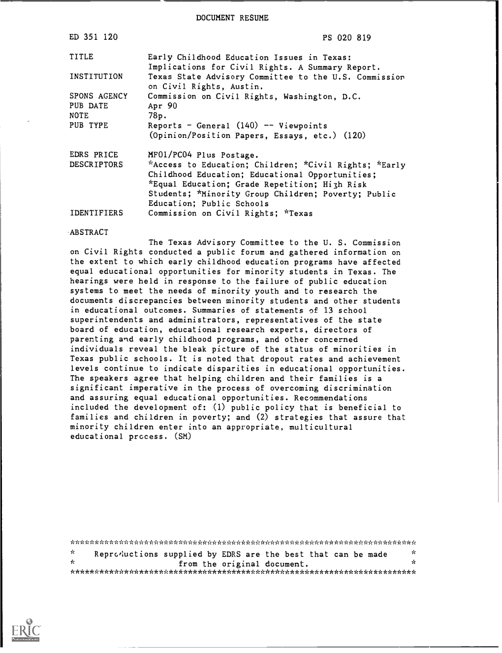 DOCUMENT RESUME ED 351 120 PS 020 819 TITLE Early