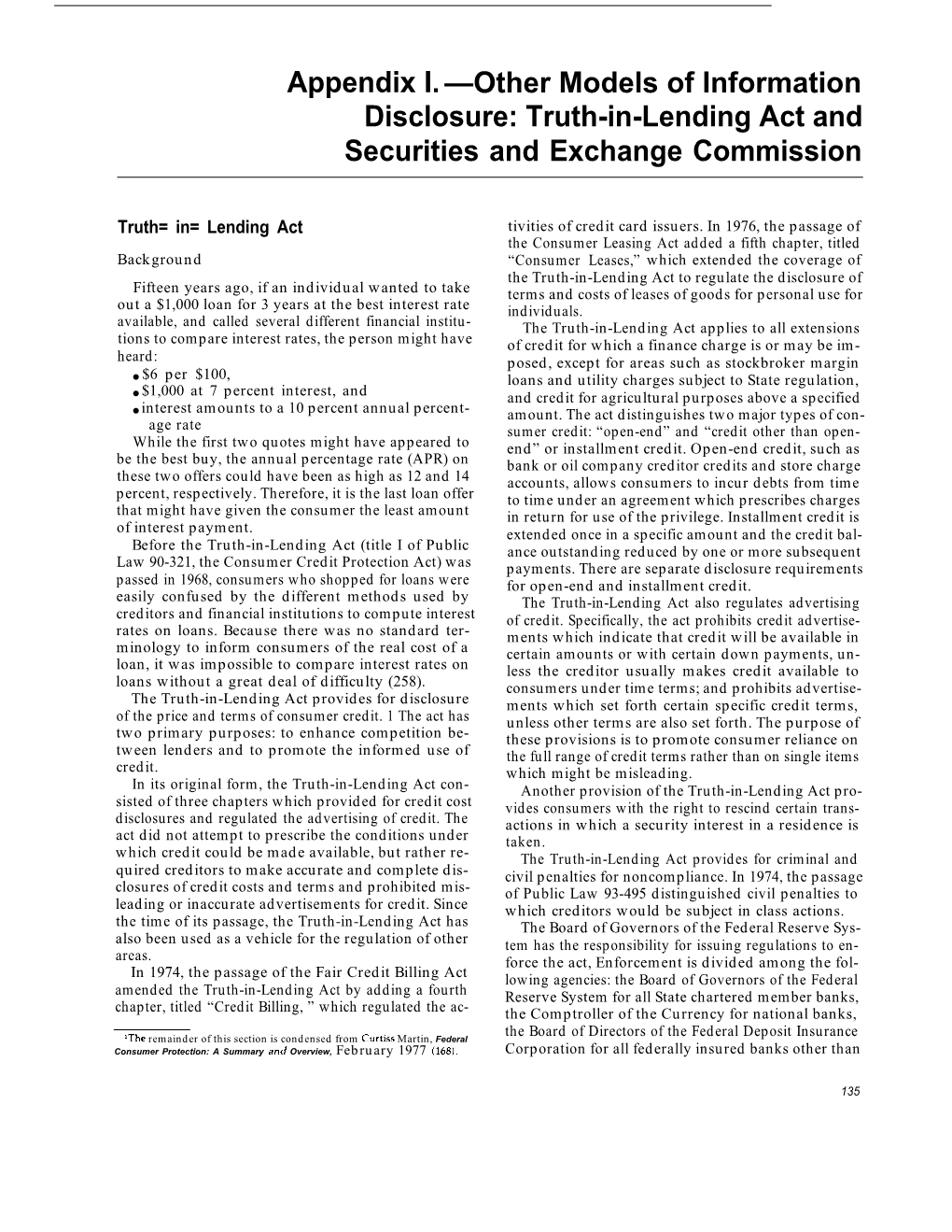 Truth-In-Lending Act and Securities and Exchange Commission