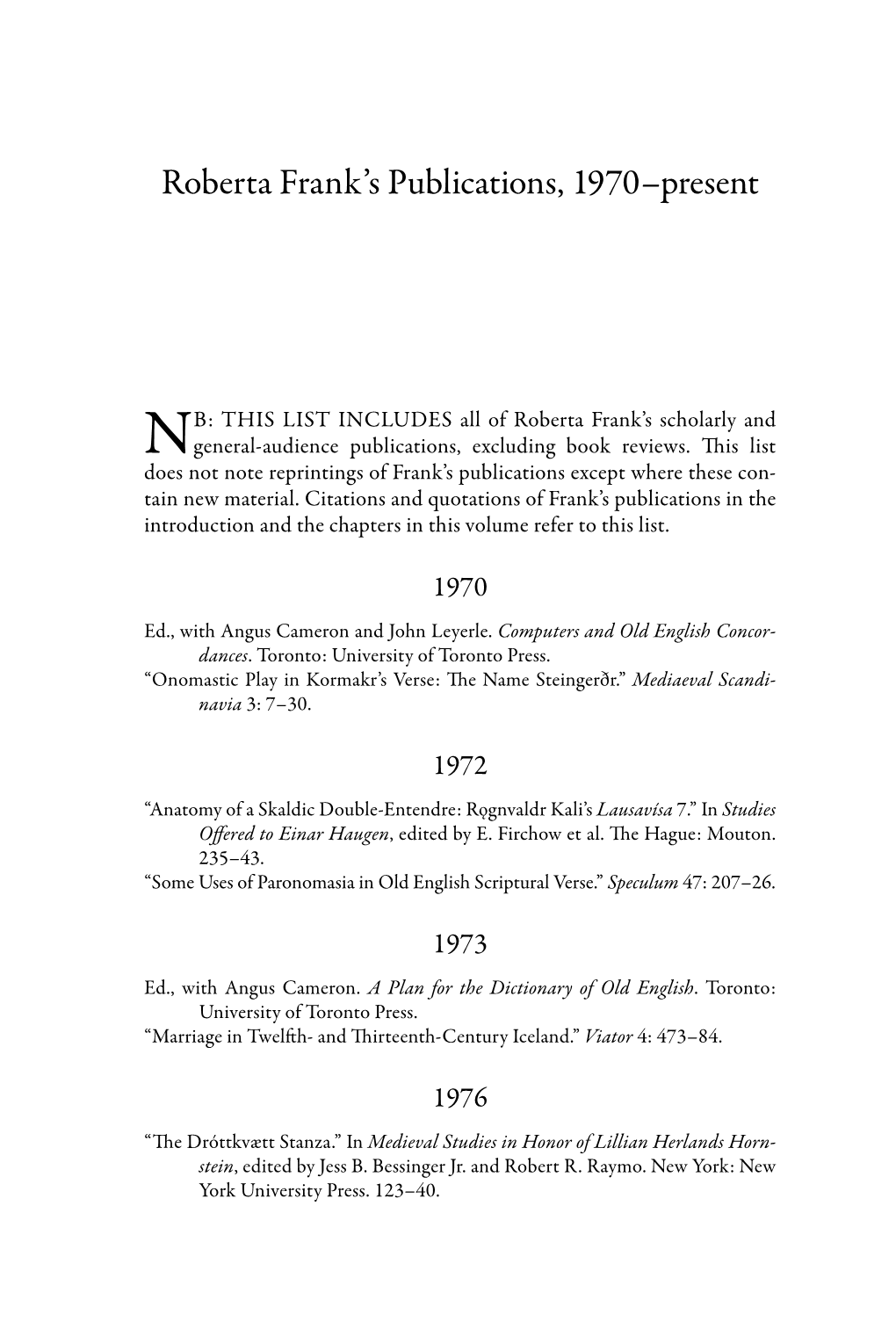 Roberta Frank's Publications, 1970–Present