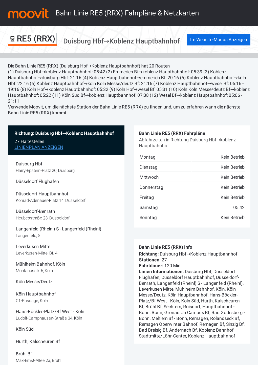Bahn Linie RE5 (RRX) Fahrpläne & Karten