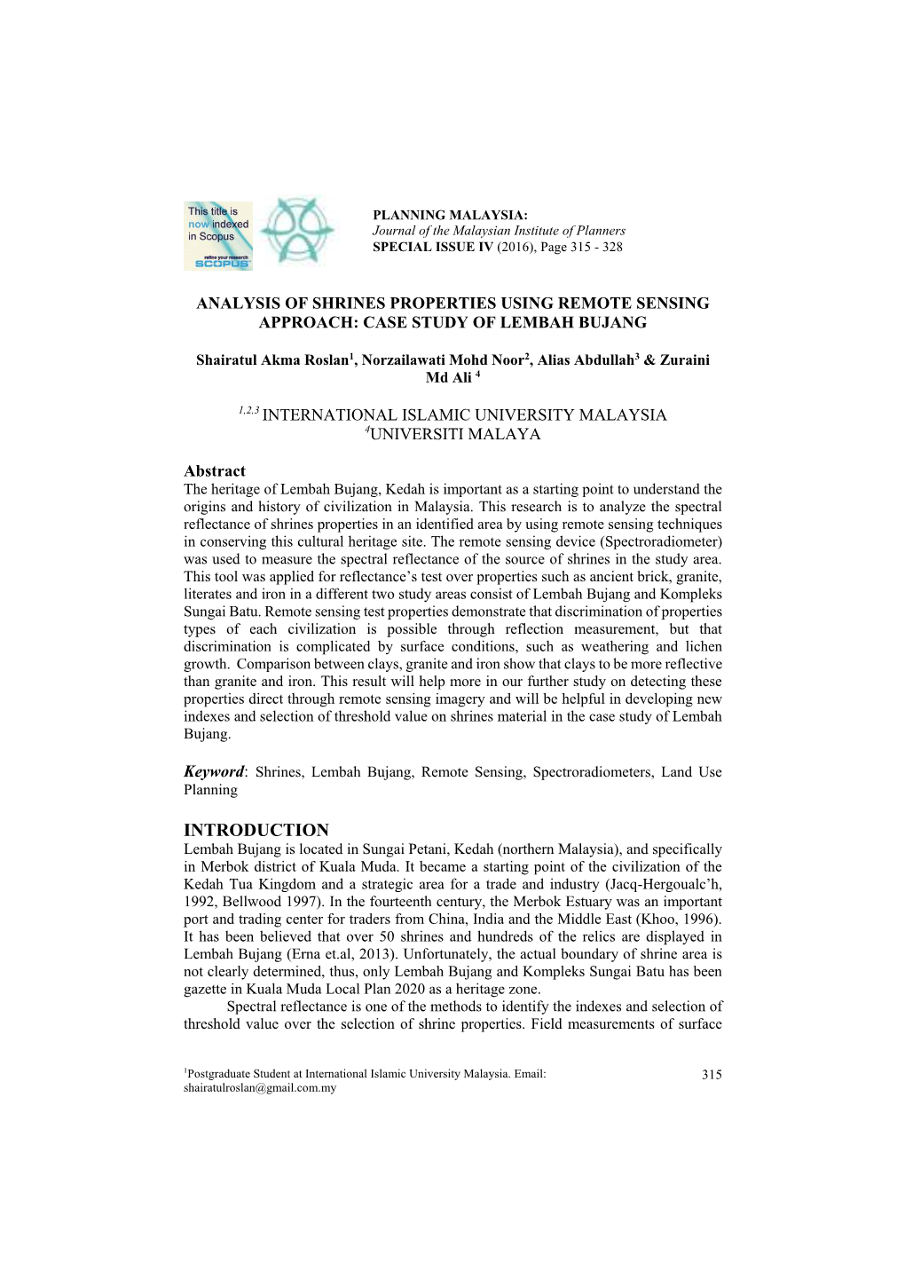 Analysis of Shrines Properties Using Remote Sensing Approach: Case Study of Lembah Bujang