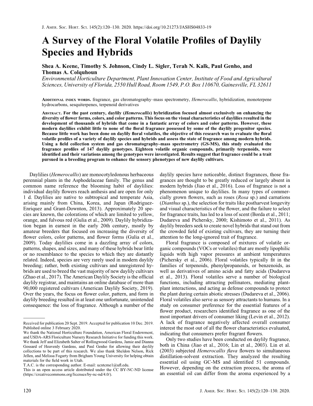 A Survey of the Floral Volatile Profiles of Daylily Species and Hybrids