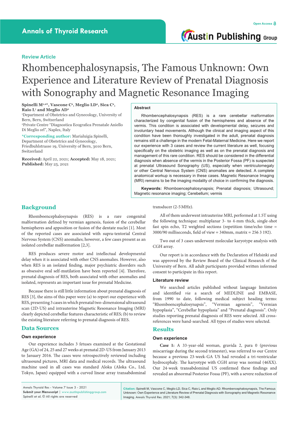 Rhombencephalosynapsis, the Famous Unknown: Own Experience and Literature Review of Prenatal Diagnosis with Sonography and Magnetic Resonance Imaging