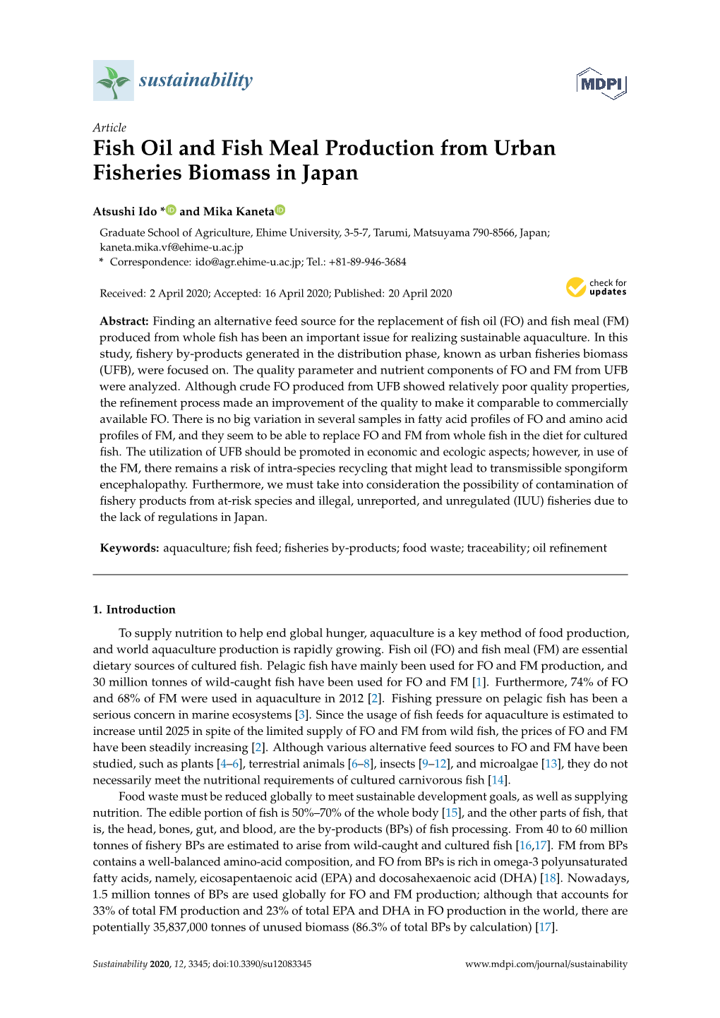 Fish Oil and Fish Meal Production from Urban Fisheries Biomass in Japan